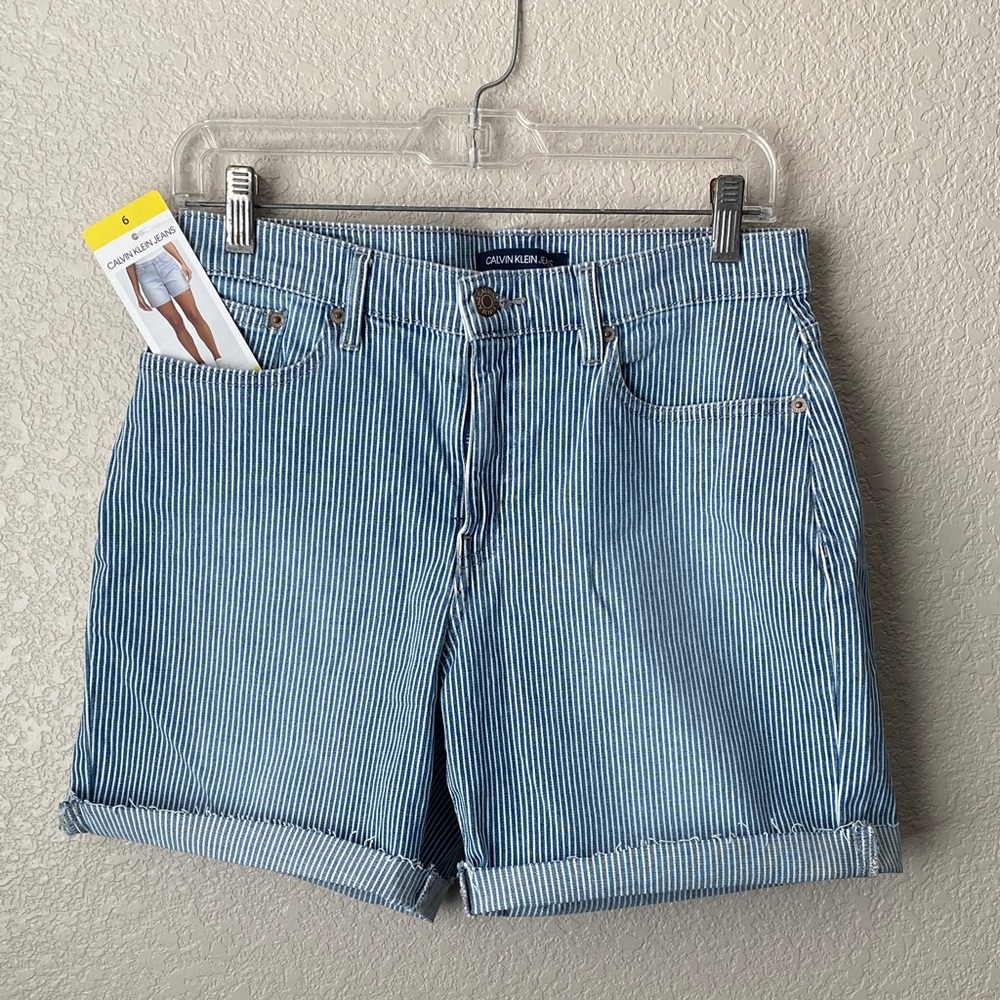 Calvin Klein railroad stripe jean shorts high rise denim conductor blue white 6